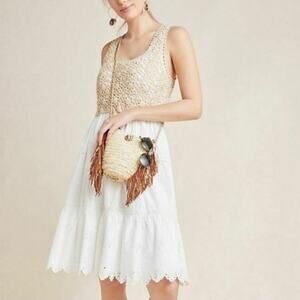 Anthropologie Beckett Crochet Eyelet Dress Sleeveless Ruffle White Tan Cotton XS